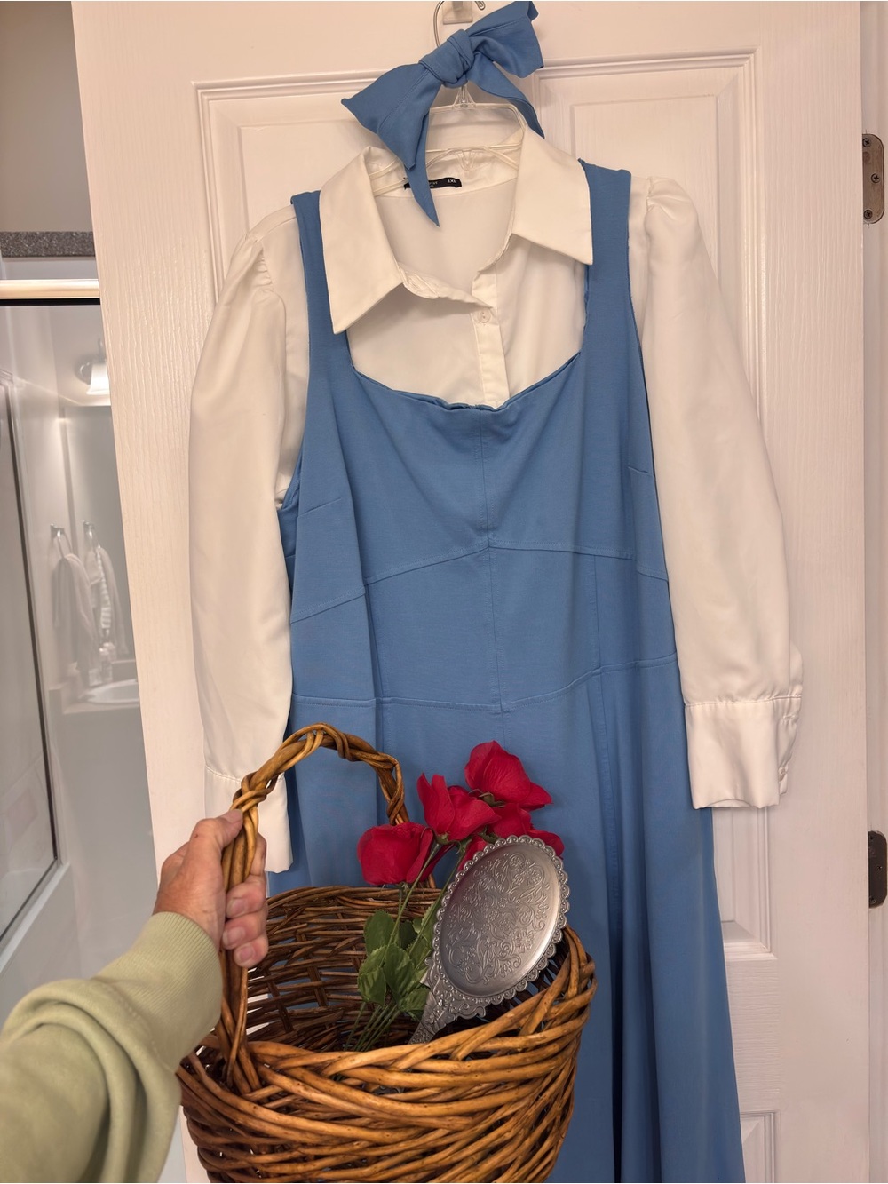 Belle inspired costume with Pinafore Dress with White Blouse - basket, mirror